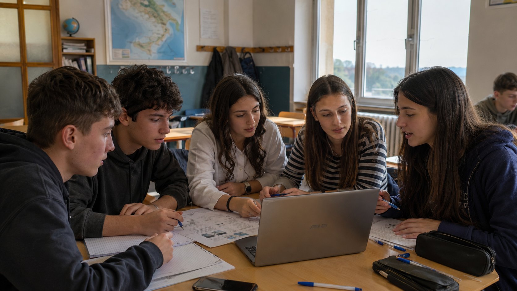 Studenti italiani al lavoro in gruppo con un laptop in aula