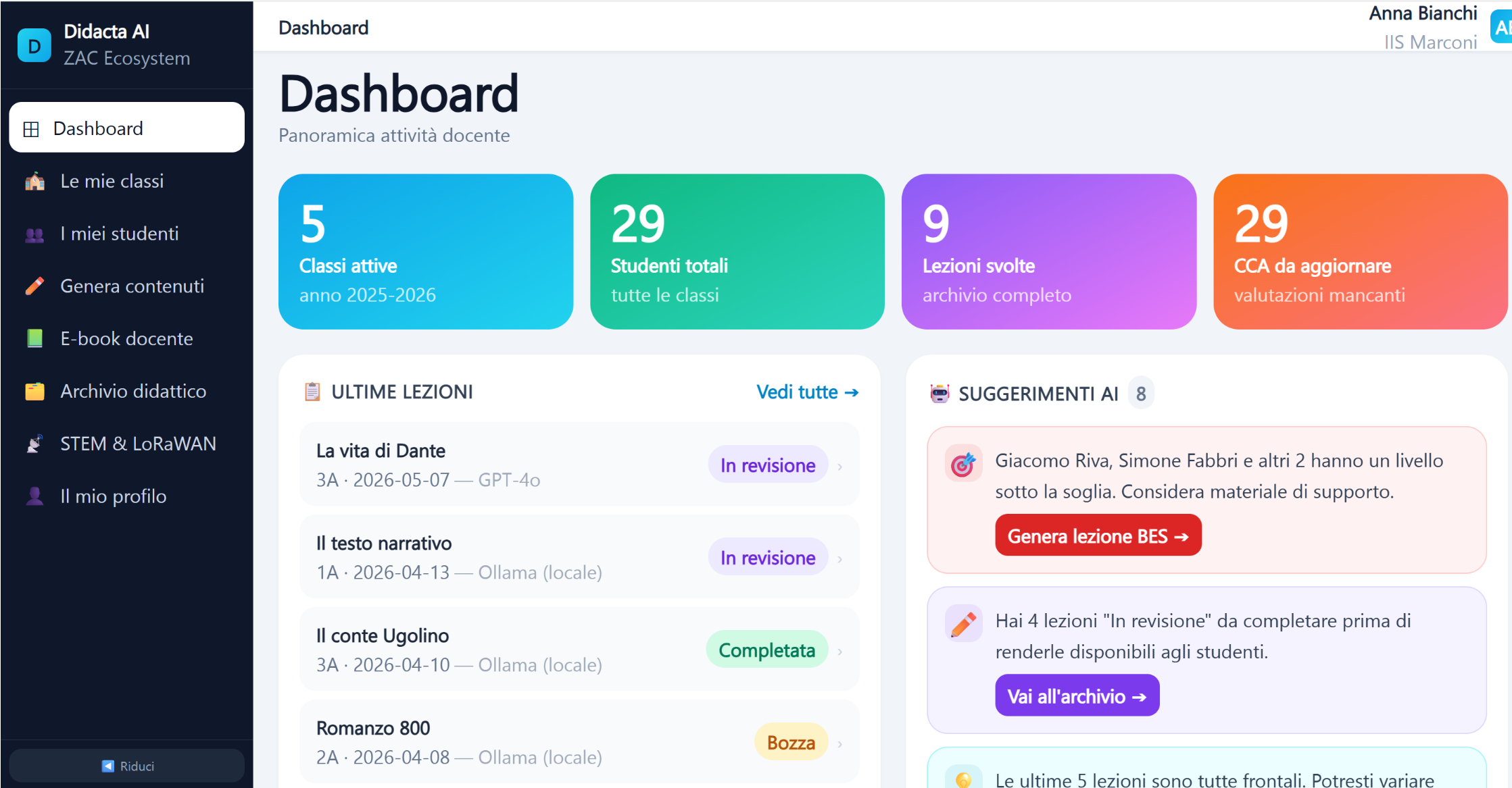 Dashboard docente PiattaformaDidacta con classi, lezioni e suggerimenti
